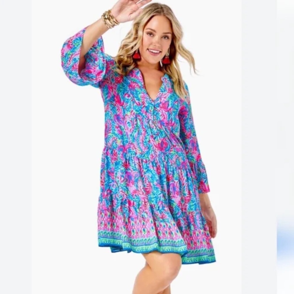 Lilly Pulitzer Gabriel Dress Surf Blue Flim Flam Engineered Print - Picture 11 of 11